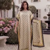 Women's Elegant Chic Style All Over Print Long Dress & Scarf, Beach Sun Protection Fitted Matching Set for Summer Womenswear