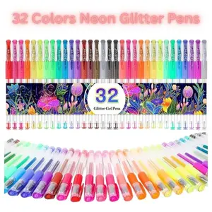 32 Glitter Gel Pens Set – Neon Fine Tip Pens with 40% Extra Ink for Adult Coloring Books, Kids Drawing, Journaling, Scrapbooking & Crafts