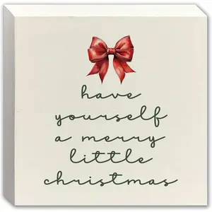 Christmas Halloween Decoration Gifts，Have Yourself a Merry Little Christmas Sign, Coquette Christmas Red Bow Wood Sign, Red Bows Christmas Decorations, Christmas Wooden Box Block Sign for Home Office Desk Table Shelf Decor, 5x5 Inch