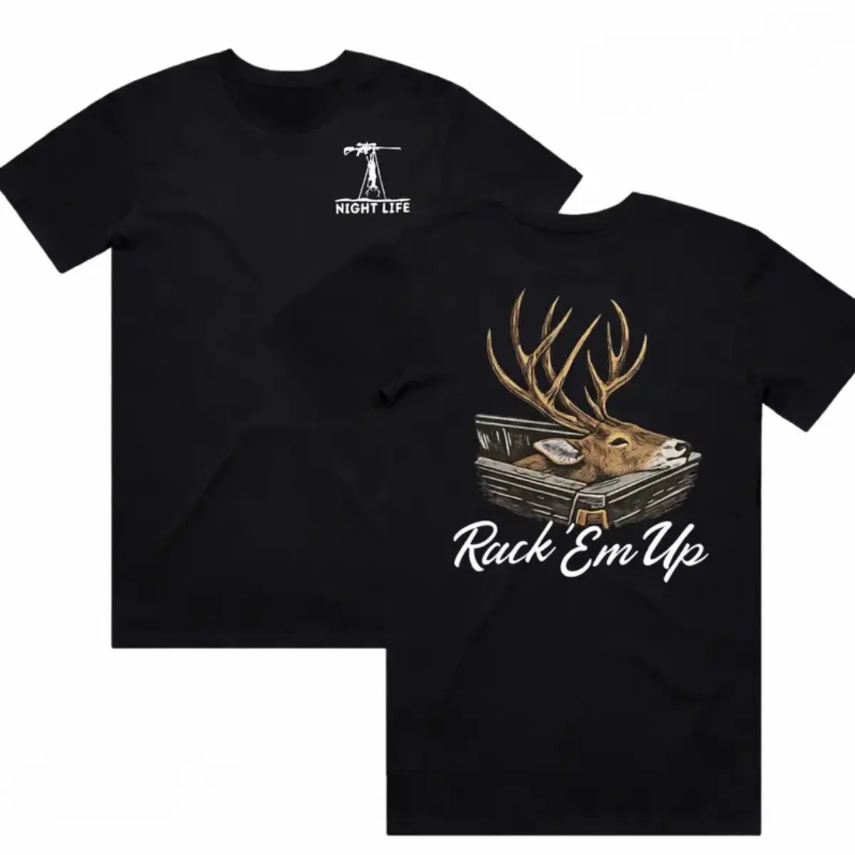 Rack Em Up Whitetail Deer Hunter T-Shirt – Hunting Camp Graphic Tee, Deer Hunting Shirt for Men, Outdoor Hunter Gift Tee