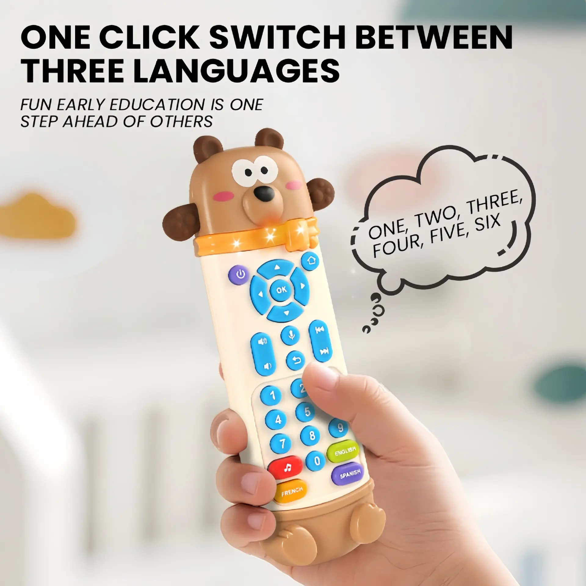 Baby Learning Remote Control Toy - Realistic TV Remote with English Words, Music, Lights, Interactive Audio, Abs, Fine Motor Skills, Sensory Training, Children Development, Baby Early Development & Activity Toy for 6-18 Months (Batteries Not Included), 12