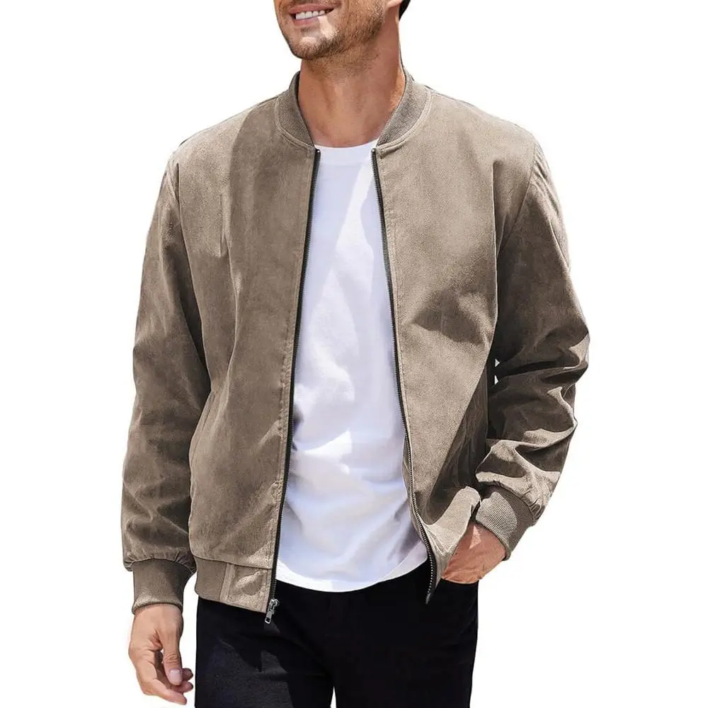 COOFANDY Men's Casual Varsity Jacket Vintage Lightweight Suede Bomber Jackets Taupe Brown L