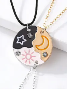 Set of 3 Round Rhinestone Star Moon Sun Friendship Necklaces BFF Best Friends Forever Fantasy Cute Pendant for Unbreakable Friendship Zinc Alloy Necklace Rhinestone Decorated Necklace
