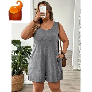 Cozy Comfort] Women's Plus Size Sleeveless Romper - Soft Polyester, Heather Gray, Casual Loose Fit for Spring/Summer pan