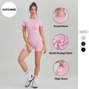 KatchMe Women's Workout Solid Color Seamless Short Sleeve Top & High Waist Shorts Co-ord, Soft Breathable Tracksuit, Lycra Naked Feel Quick-Drying Yoga Set