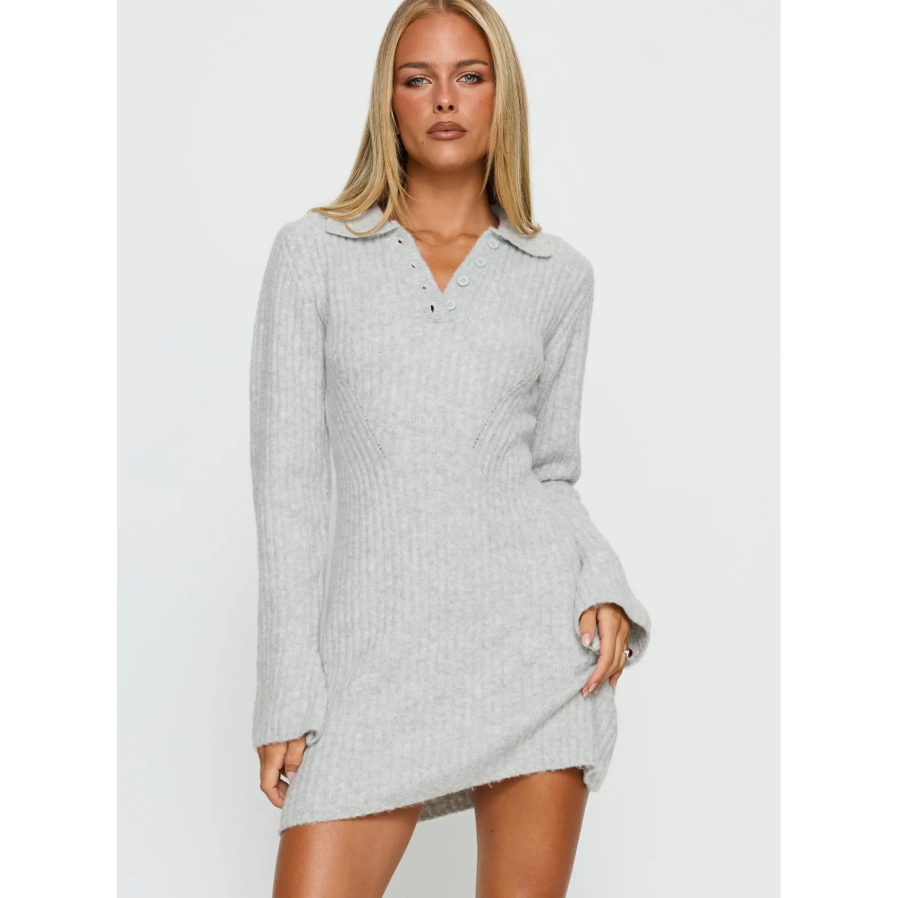 Motel sevila textured knit long sleeve mini dress in light taupe - TikTok  Shop