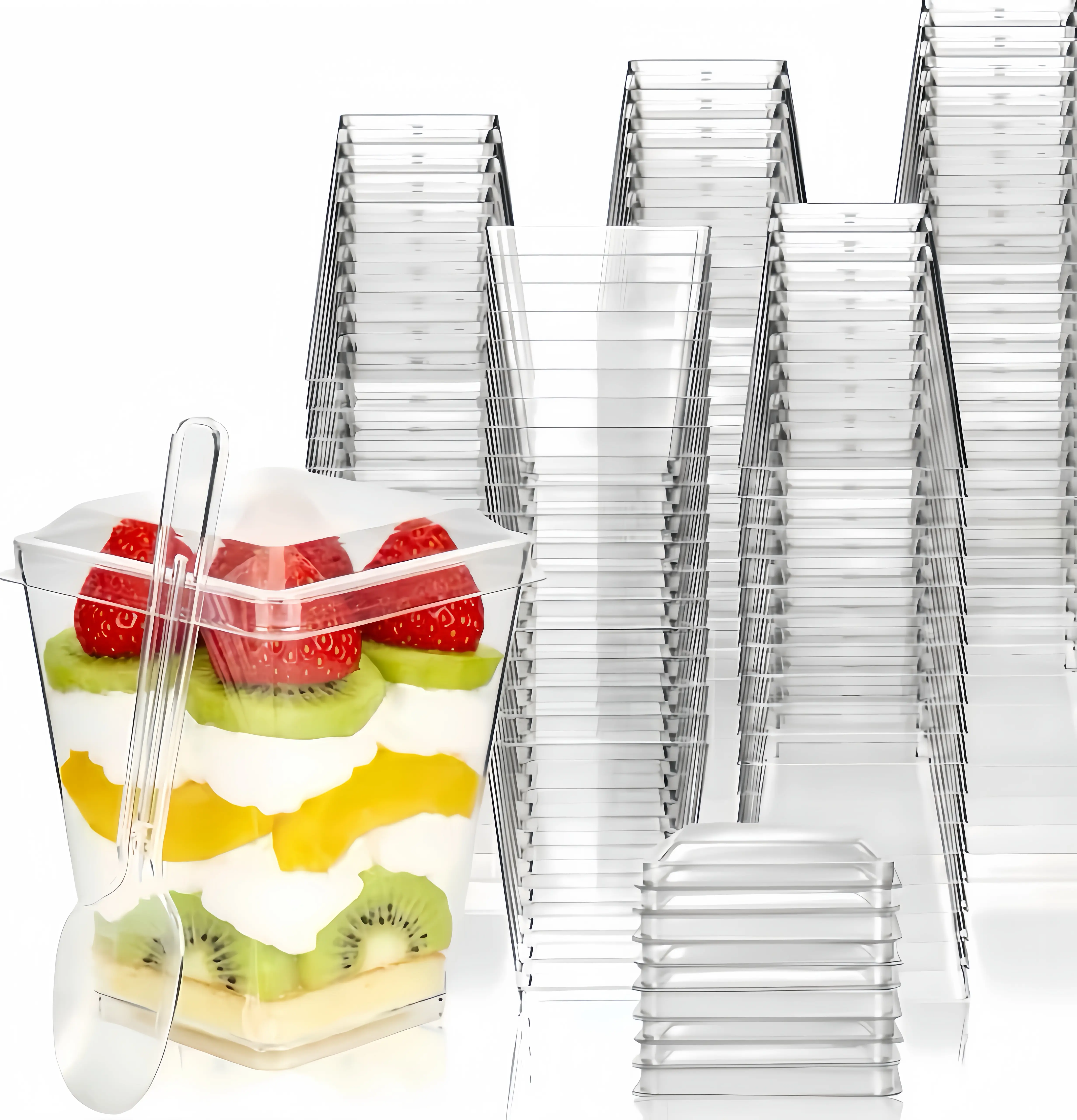 50PCS Dessert Cups with Lids & Spoons, 5oz 150ml Clear Plastic Parfait Cups, Reusable Square Pudding Containers for Summer Picnic, Party Favors, Catering & Travel - Sturdy Leakproof Food-Grade Dessert Shooters for Yogurt, Fruit, Mousse, Jello & Ice Cream