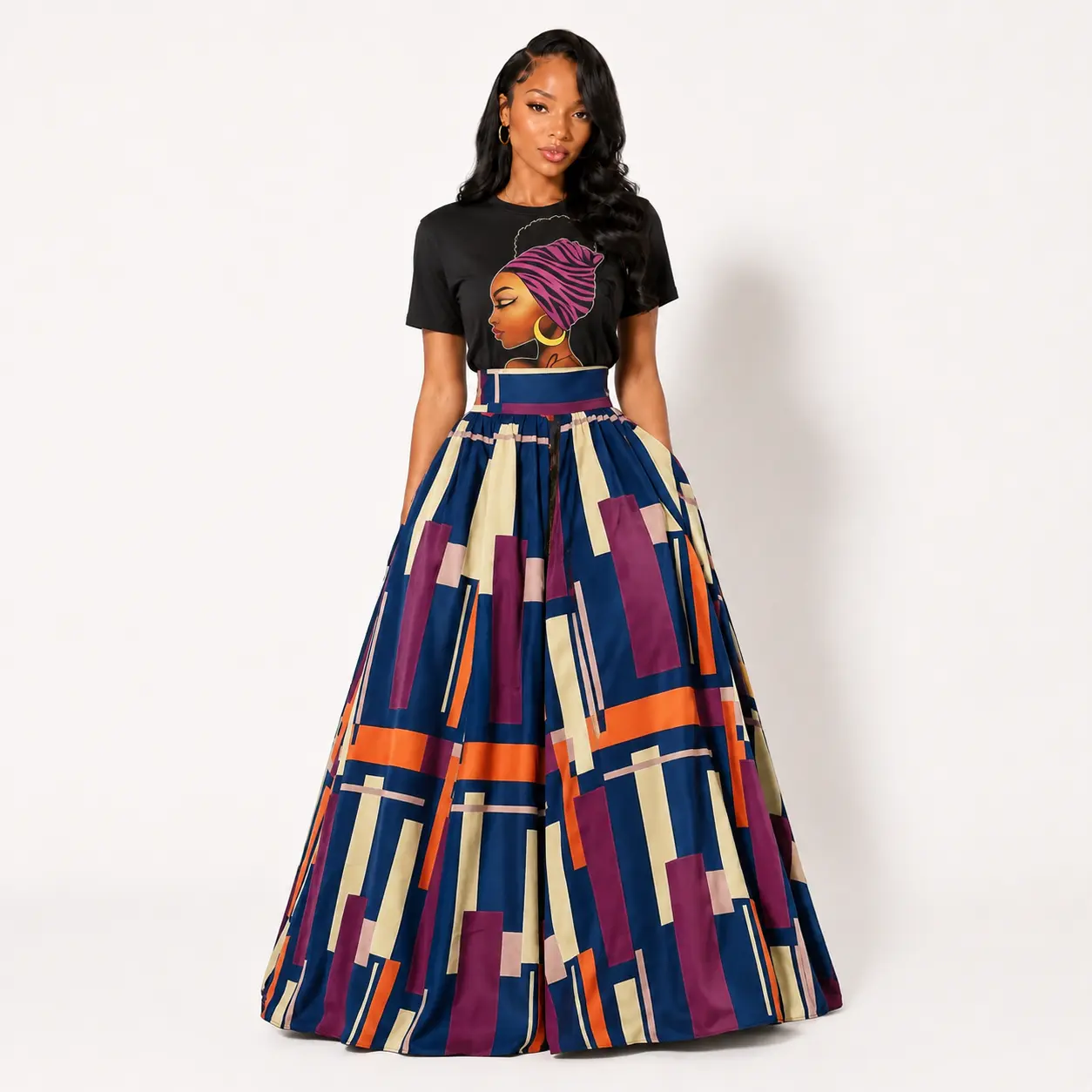 MOTIONKILLER Women's 2-Piece Fashion Skirt Set - Breathable Colorblock High Slit Maxi Skirt & Short-Sleeve Graphic Crop Top, Apparel, Women's Clothes, Cropped, Two Piece Set