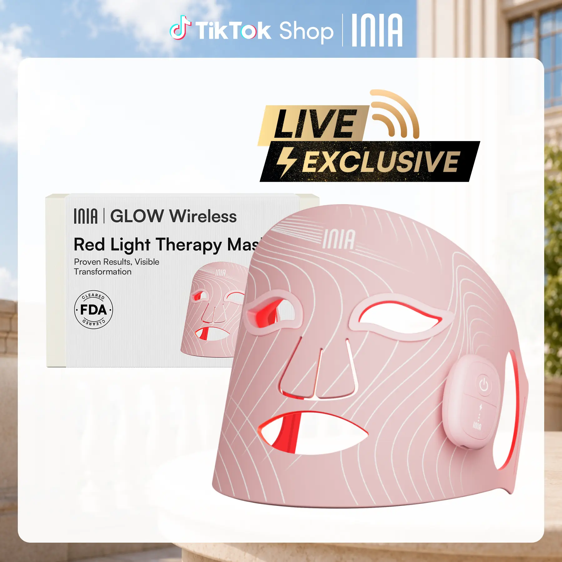 【LIVE EXCLUSIVE】INIA GLOW Wireless LED Face Mask, 2-Year Warranty, Portable and Rechargeable for LED Facial Mask Skincare at Home and Travel, The Ultimate Gift Choice for this Season，Summer Travel Accessories