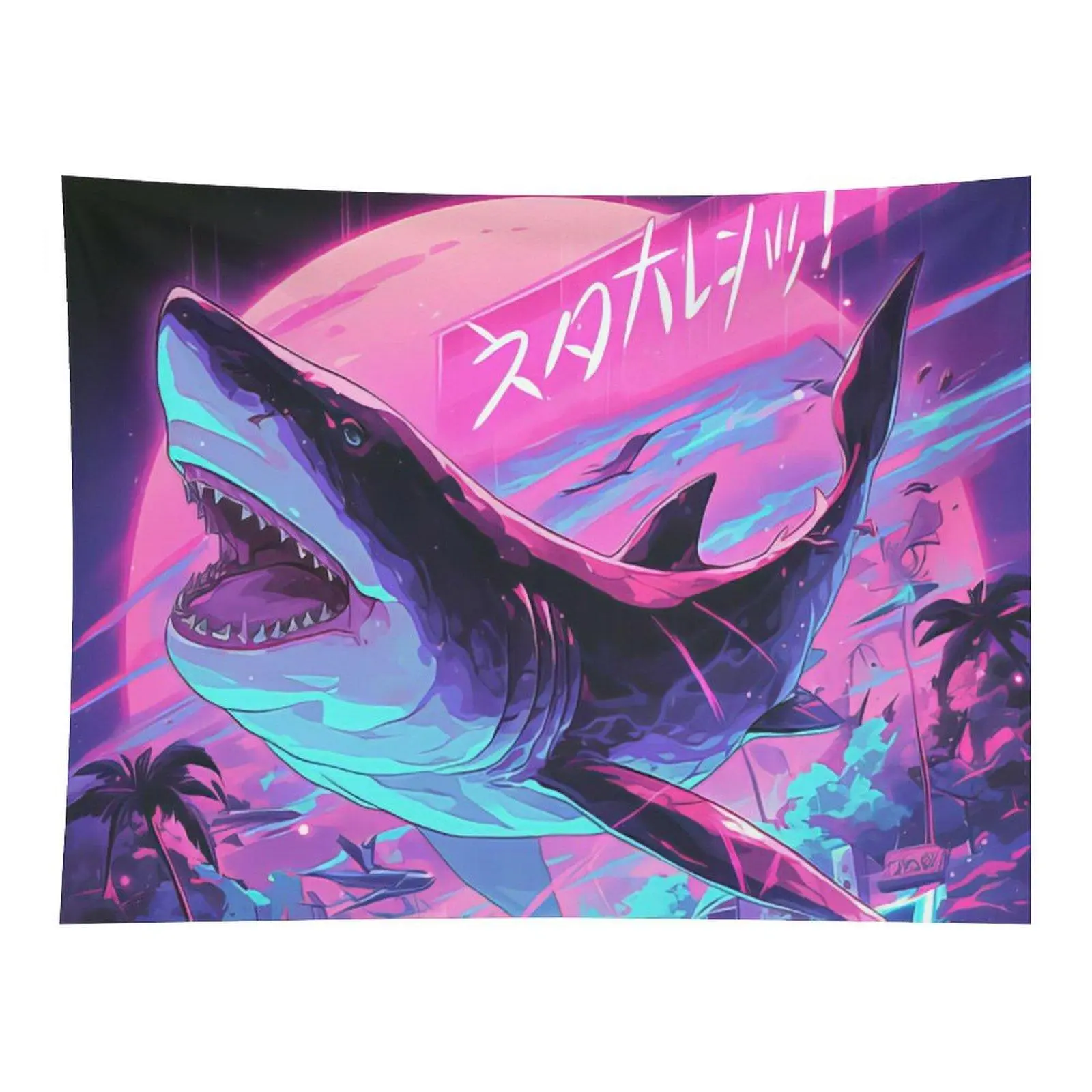 Synthwave Shark Wall Tapestry Retro Neon Shark With Pink Sunset Palm Trees Japanese Anime Style Wall Hanging Art For Room Decor