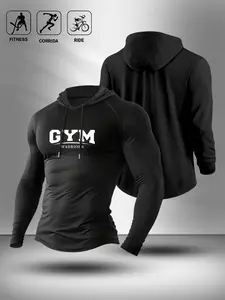 Men's Stretch GYM WARRIORS Graphic Hooded Compression Shirt, Gym Workout Fitness Long Sleeve Hoodie (Black)