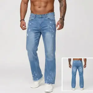 Men's Mid Rise Straight Fit Jeans Splatter Paint Distressed Frayed Hem Stretchy Denim Pants With Slim Silhouette For Young Men Urban Guys Streetwear Enthusiasts Daily Casual Street Style Weekend Outings Night Out Skate Festival Comfortable Breathable