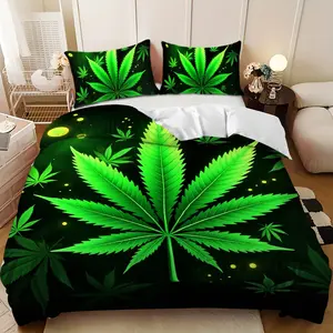 Bedding 3-piece set - 3PCS,Green fluorescent hemp leaf background design down comforter set (1 duvet cover + 2 pillowcases, filling not included). soft and comfortable, suitable for family bedrooms.