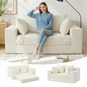 Winzoo 3-in-1 Corduroy Convertible Sofa Bed, Folding Futon with 4 Pillows & High-Density Foam