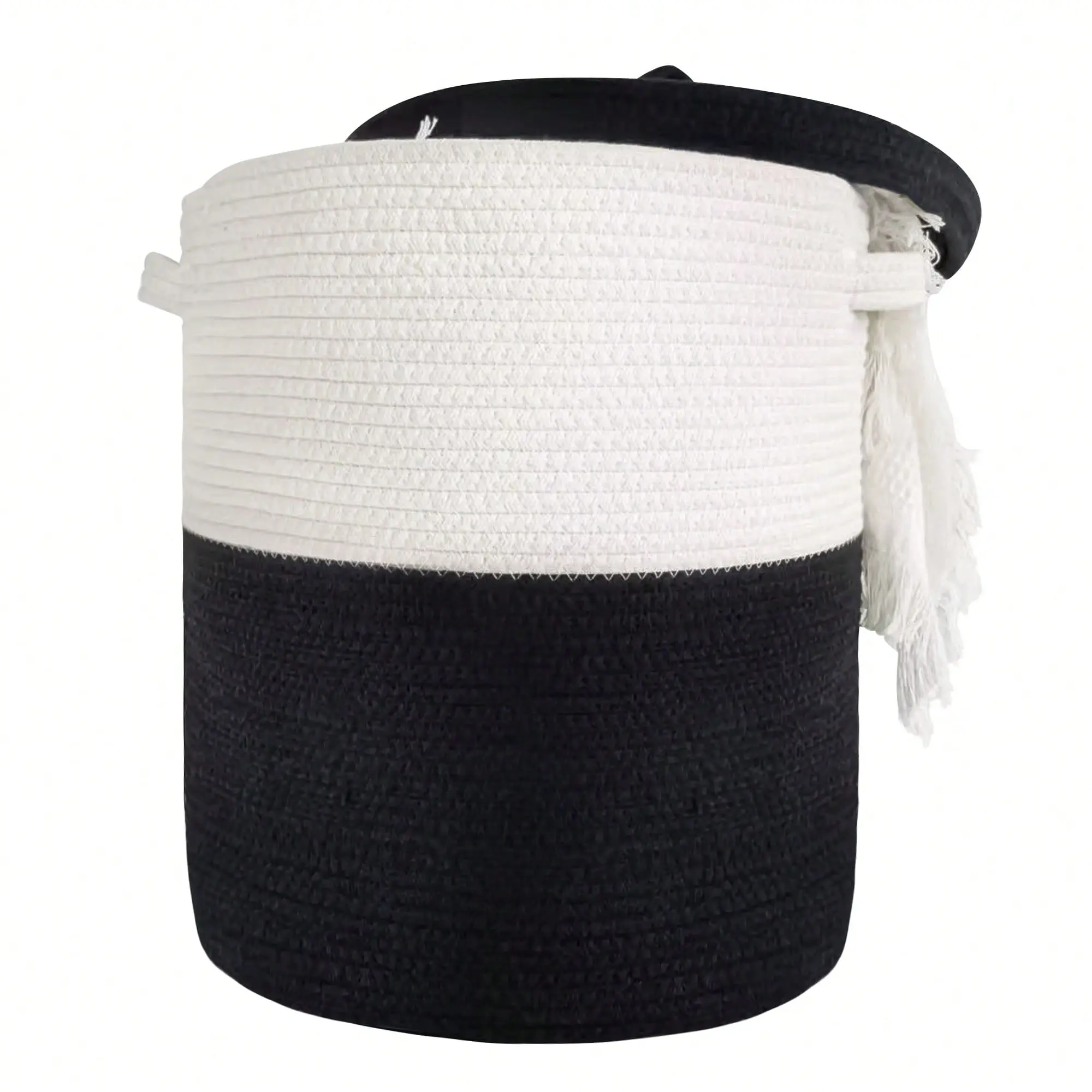 SINKZAICO 60L Round Cotton Rope Cotton Linen Dustproof Storage Basket With Lid, 16"Wx18"H Modern Multi-Use Woven Hamper With Handle, Home Organizer Bin For Clothes/Blankets (Black/White Mix)
