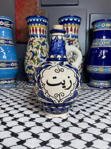 Palestinian Pottery | Blue  Olive Oil Dispenser | Ceramic Handmade & Hand Painted | Made in Palestine  قارورة زيت خزف فلسطين