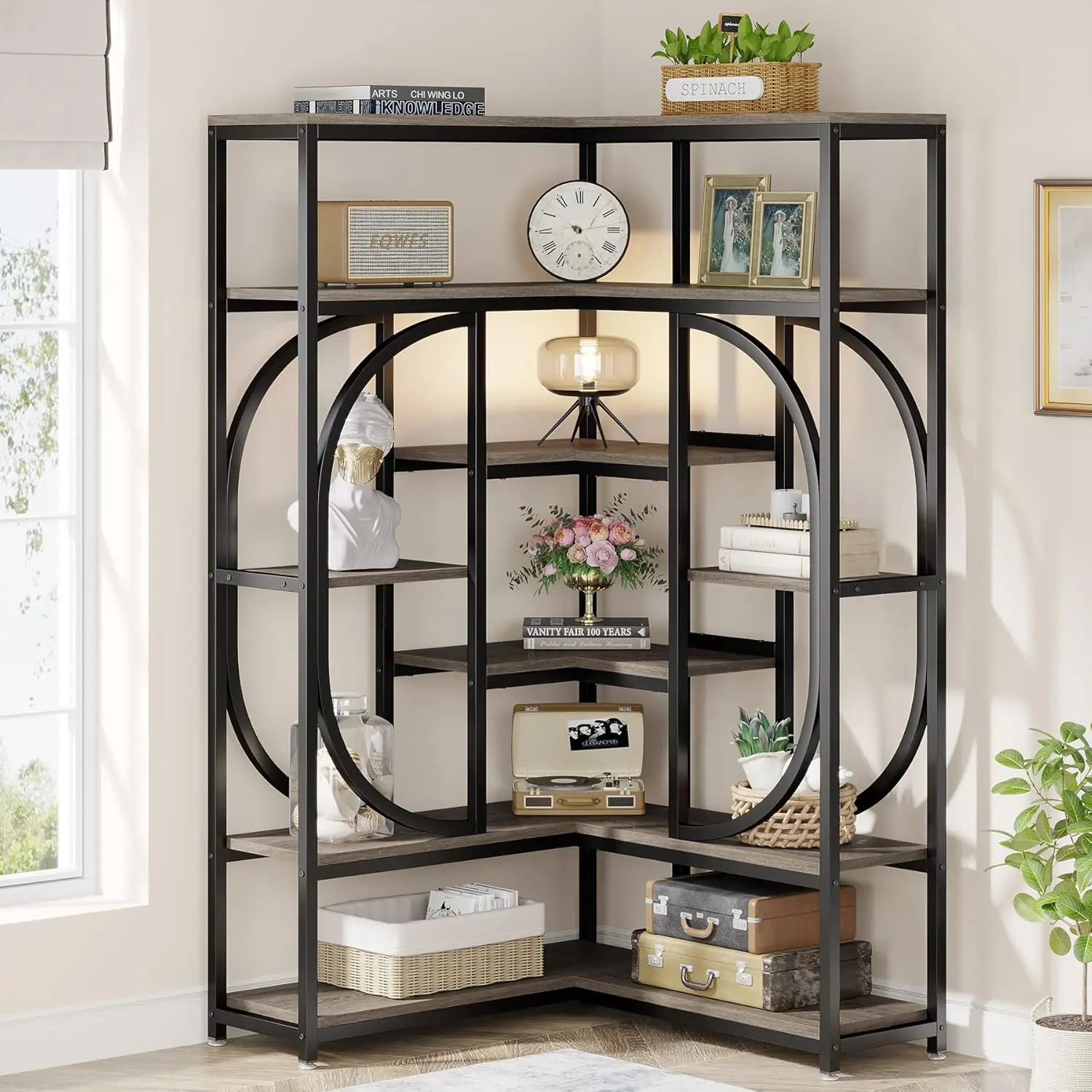 LITTLE TREE 7-Shelf Corner Bookshelf, Large Modern Corner Bookcase, Tall L-Shaped Corner Shelf Stand Display Rack with Storage, Metal Frame for Living Room Home Office