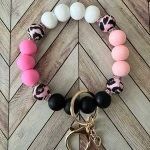Pink Black and White Leopard Printed Wristlet - Silicone Beaded Wristlet, Keychain Bracelet - Lobster Clasp Jewelry - Beaded Accessories - Gifts for her - Non-Stretchy
