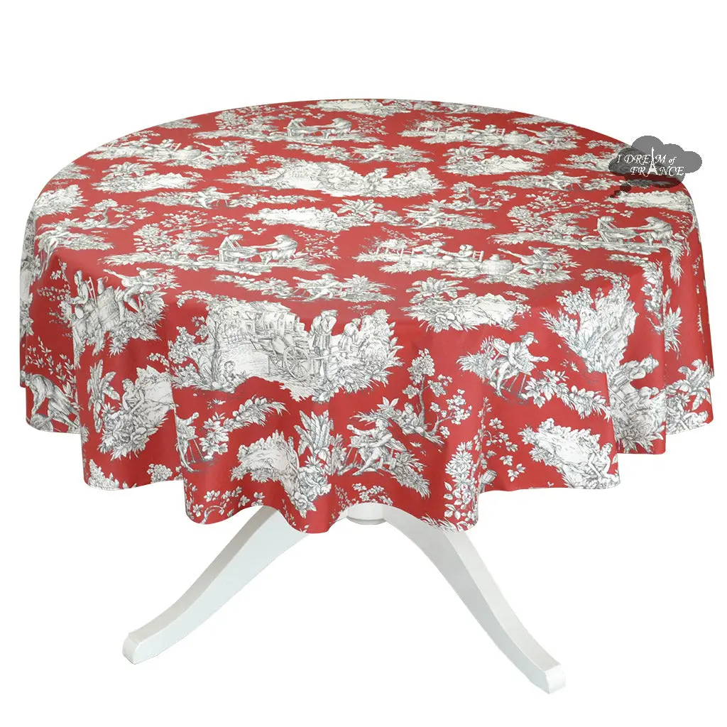 French Toile tablecloth - Acrylic coated cotton, Spill-proof - 70" Round - Villandry red | Le Cluny