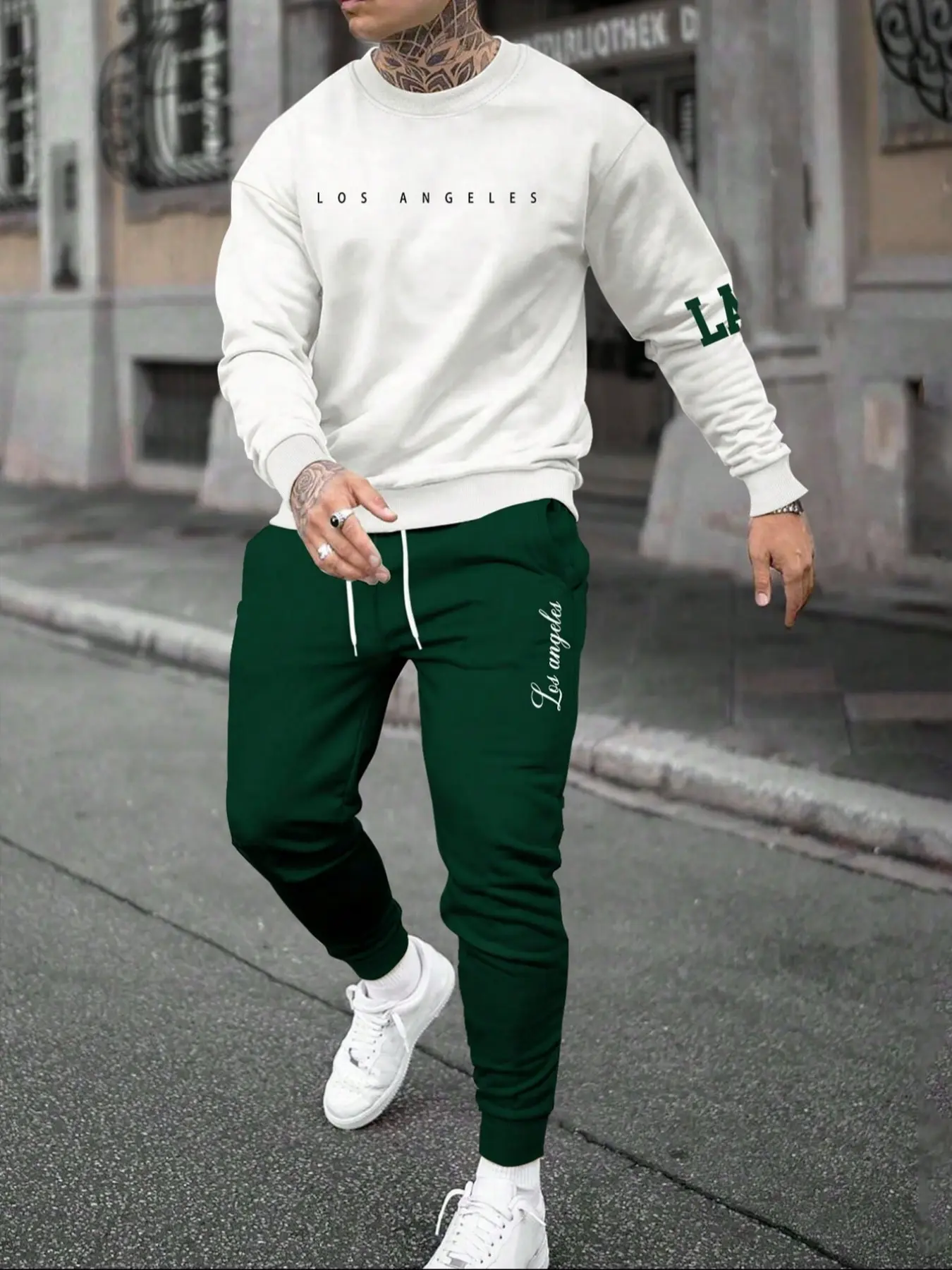 Men's Fall Winter 2 Piece Casual Tracksuit Outfit, Minimal Los Angeles LA Letter Graphic Crewneck Sweatshirts Pullover Sweatshirt Long Sleeve Elastic Drawstring Cuff Jogger Sweatpants Streetwear Matching Sweat Set