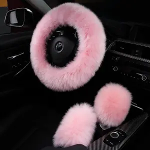 3Pcs Set Fluffy Fuzzy Wool Fur Soft Car Steering Wheel Cover with Handbrake & Gear Shift Cover for Women Girls Ladies Auto Long Wool Accessories Pink