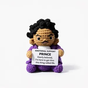 Handmade Emotional Support Crochet Doll, Cute Knitted Desk toy Buddy Plush with Motivational Sign, Purple Retro Musician Desk Decor, Encouragement Gift for Coworkers & Friends tiktokshopspringglowup
