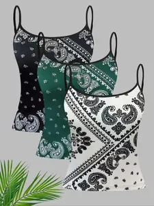 Women's Ethnic Bohemian Paisley Pattern / Plain Cami Top, Casual Sleeveless Spaghetti Strap Top for Spring & Fall, Ladies Clothes for Daily Wear