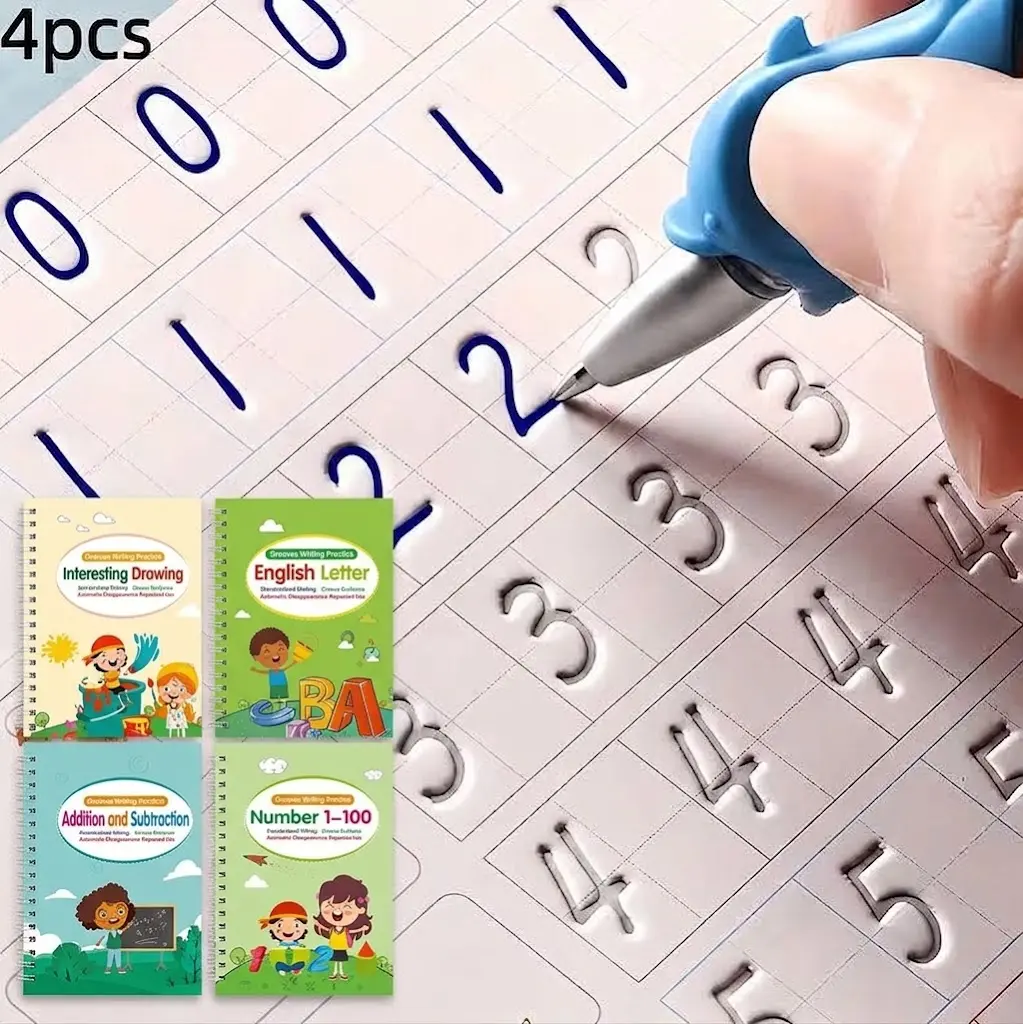 [4pack Pages Magic Copybook] Reusable Magic Practice Copybook Set | Whole Brain Development Training, Pen Control Training And Drawing Education Workbook | Learning Writing Skills