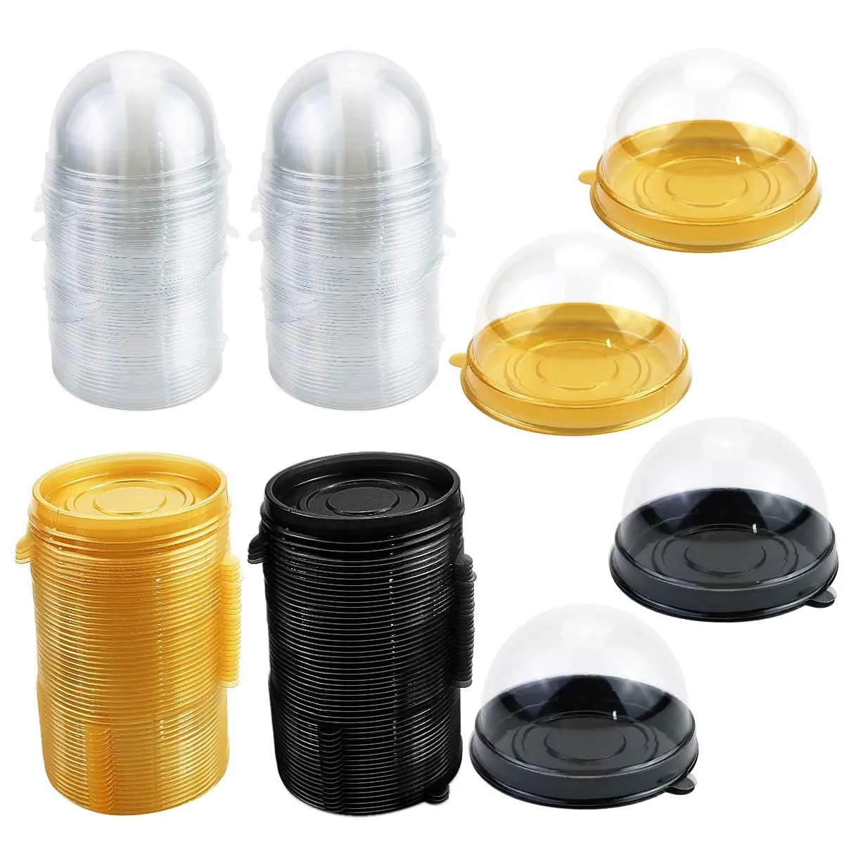 100Pcs Clear Plastic Mini Cupcake Boxes with Dome Lids - 2.76" Individual Muffin & Pastry Containers, Mooncake Packing Box (Gold/Black)