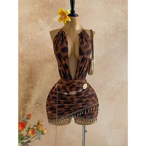 Women's Vintage Pattern Mesh Plunging Neck Beaded Decor Bodycon Mini Dress, Suitable For Holiday Party, Christmas, Date Night