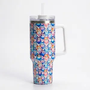 Colorful Cartoon Cute Cat Pattern 40oz Insulated Stainless Steel Tumbler with Handle, Double Wall Vacuum Travel Cup