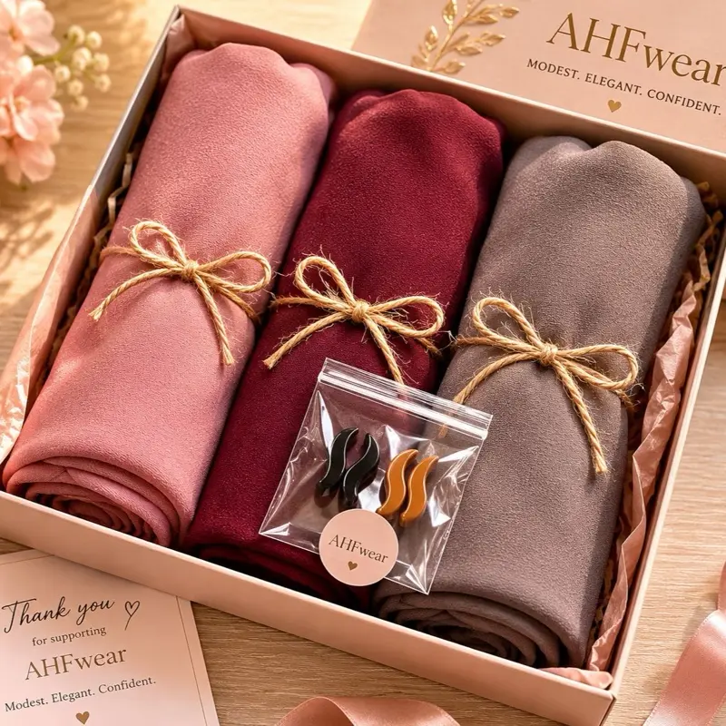 Women's 3-Pcs Premium Chiffon Hijab Gift Set - Modest Fashion Scarves in Dusty Rose, Deep Burgundy, Warm Taupe Colors