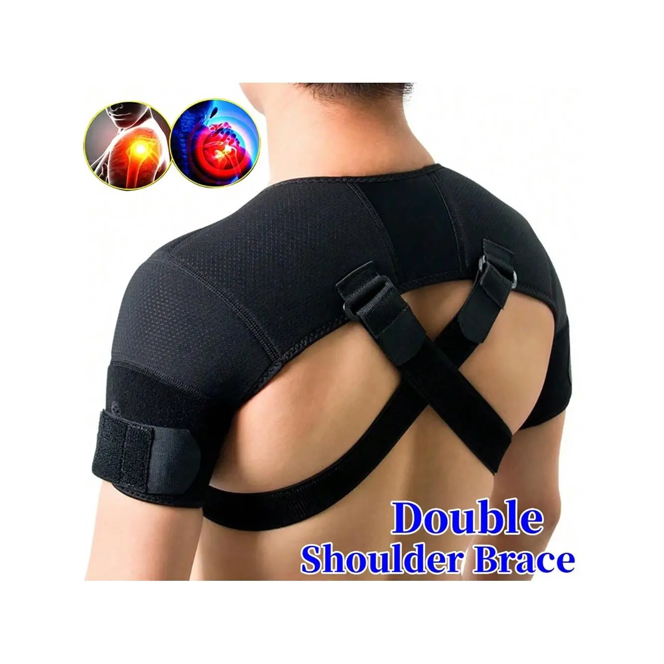 Double Shoulder Brace Support Belt Compression Sleeve Strap Wrap Torn Rotator Cuff Injury Protection Pain Relief Sports Work Black Healthcare Tool