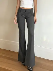 Striped Low Waist Button Flare Pants Y2K Vintage Street Fashion Streetwear, Basic Versatile Commuter Casual Spring Summer Woven Pants for Women