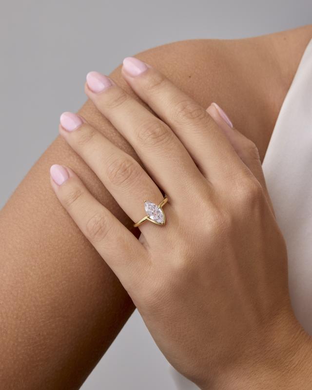 PAVOI 14K Gold Plated Marquise Cubic Zirconia Engagement Ring for Women - Trendy Solitaire Promise Jewelry - Fake Wedding Ring