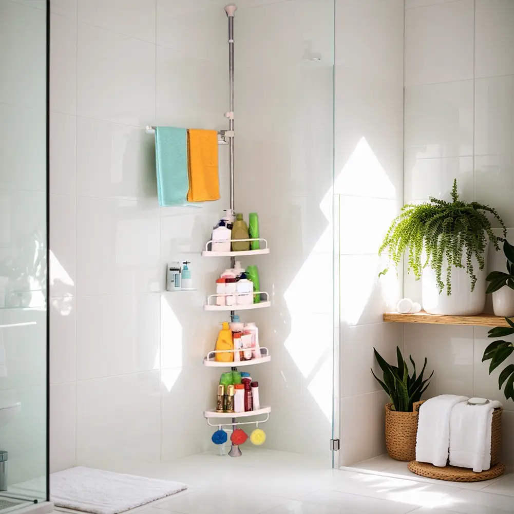 Stainless Steel No-Drill Telescopic Floor-to-Ceiling Shower Caddy Organizer, Durable Corner Mount 4-Tray ABS Shelves with Rubber-Silicone Grip, Plug-and-Play Adjustable Bathroom Bathtub Storage Stand