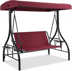 Adjustable Canopy & Convertible Bed – 3-Seat Outdoor Patio Swing Chair – Thick Cushions, Built-in Cup Holders & Tray, Weather-Resistant Steel Frame, Sturdy for Backyard or Porch