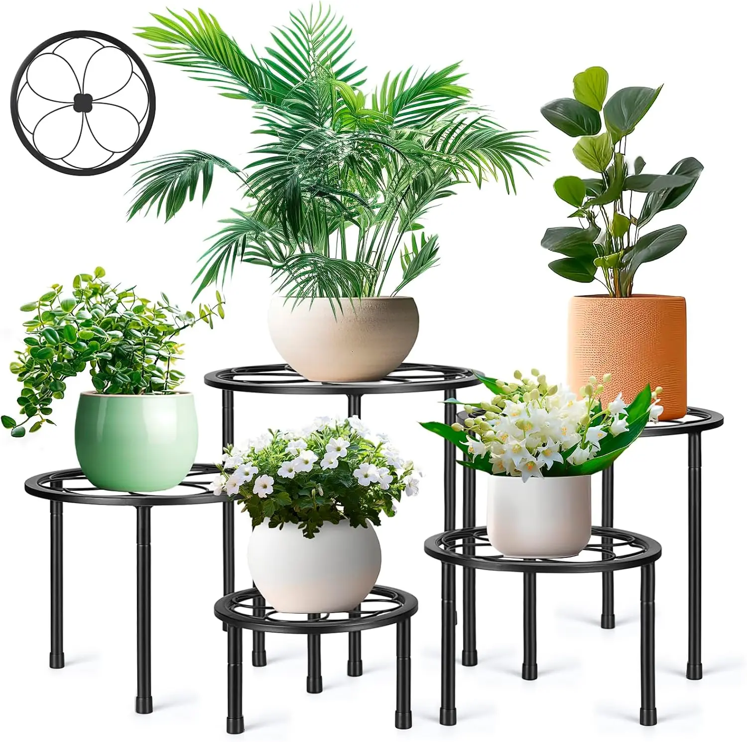 Set of 5 Heavy Duty Metal Iron Plant Stands, Multi Flower Pot Holders for Multiple Plants, Rust Resistant Potted Plant Racks, Indoor & Outdoor Decor Supports for Garden Balcony Home