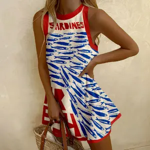 Summer Vacation Style Casual Playful Sardine-Print Sleeveless A-Line Dress — Features a back zipper and full lining; a fun dress perfect for a seaside getaway