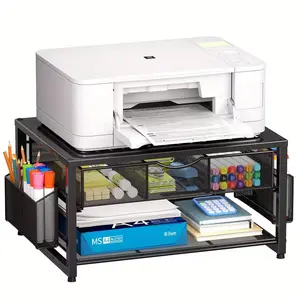Heavy-Duty Metal Printer Stand with Storage Drawer & 2 Pen Holders 2-Tier All-in-One Desk Organizer for Printer Fax Machine Scanner Files Space-Saving Portable Desktop Table for Home Office