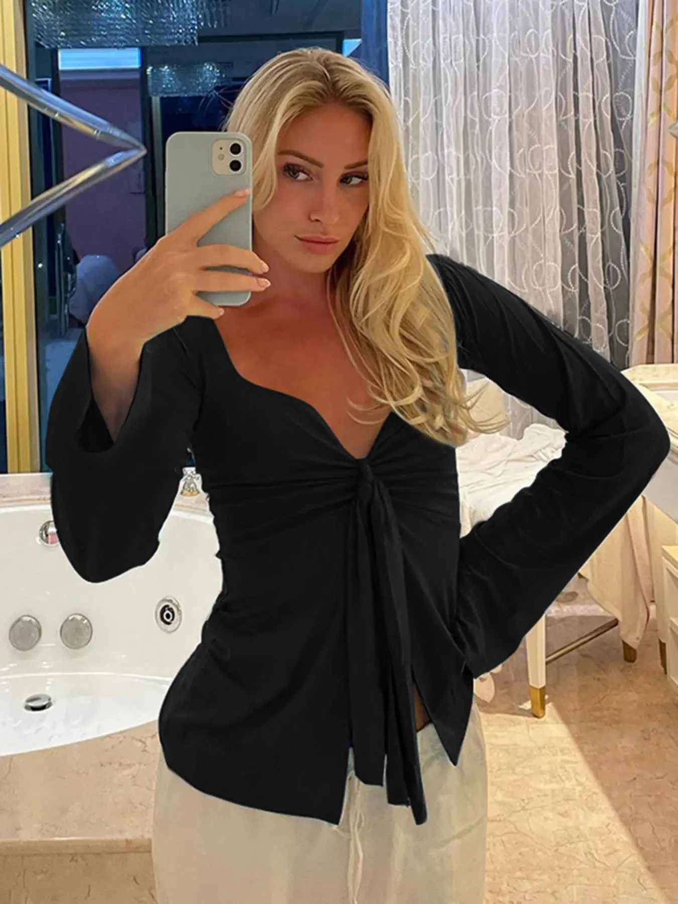 Women's Solid Knot Front Split Hem Tee, Casual Long Sleeve Sweetheart Neck T-Shirt for Fall, Women's Clothing for Daily Wear