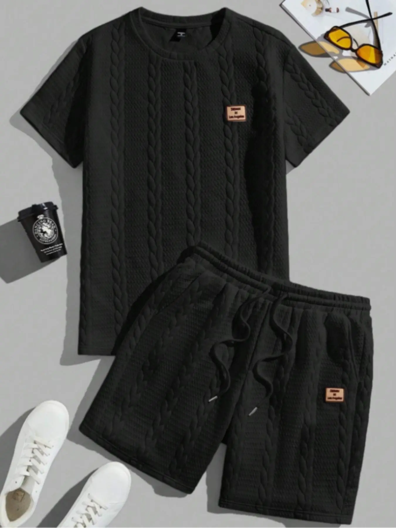 Men's Letter Print Textured Short Sleeve Tee & Drawstring Waist Shorts Set, Regular Fit Casual Comfy Lounge Round Neck Loungewear Top & Shorts, Summer Outfits Clothes Set for Men
