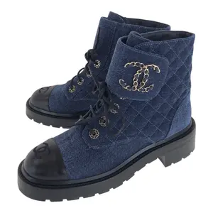 Pre-owned CHANEL Velvet Small Leather Goods Matelasse Velvet/Leather Short Boots