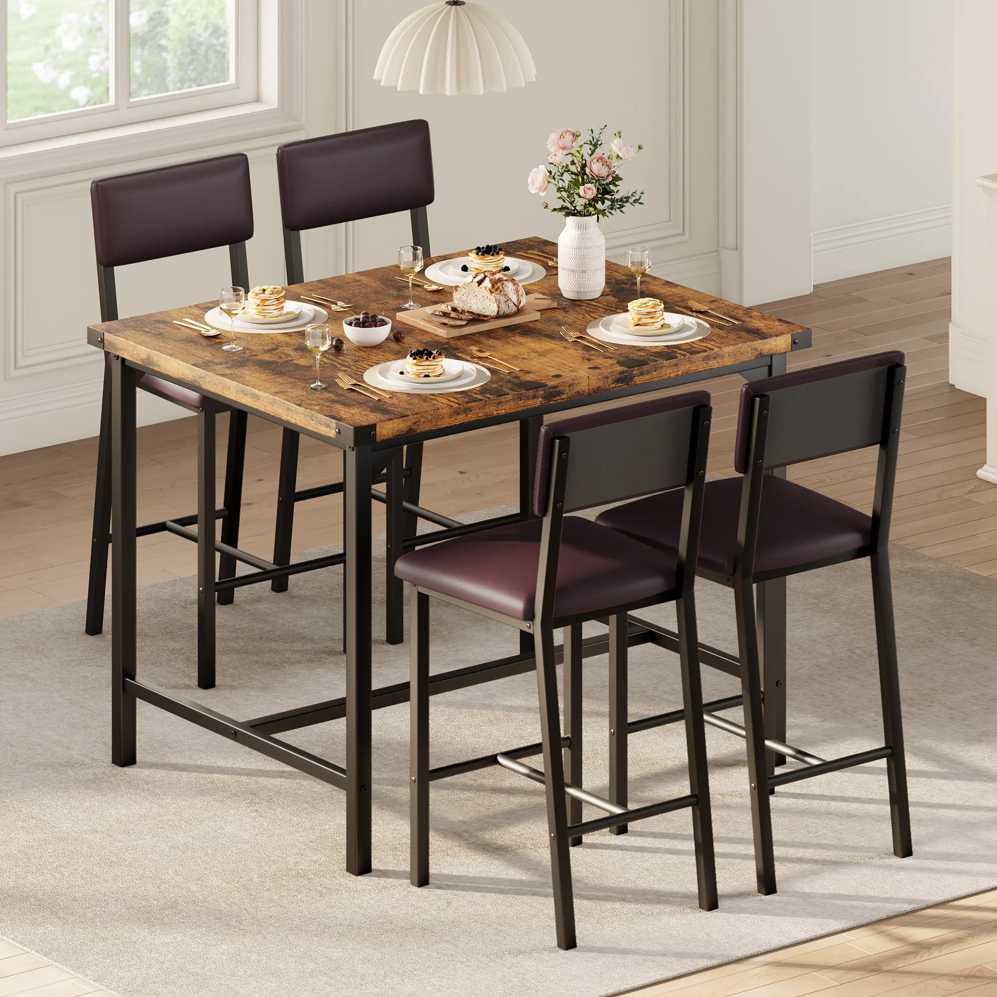 5-Piece Counter Height Dining Table Set for 4, Table with Footrest & Corner Protectors 4 Upholstered Bar Stools with Backrest, Space-Saving Modern Furniture for Dining Room & Kitchen