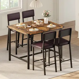 5-Piece Counter Height Dining Table Set for 4, Table with Footrest & Corner Protectors 4 Upholstered Bar Stools with Backrest, Space-Saving Modern Furniture for Dining Room & Kitchen
