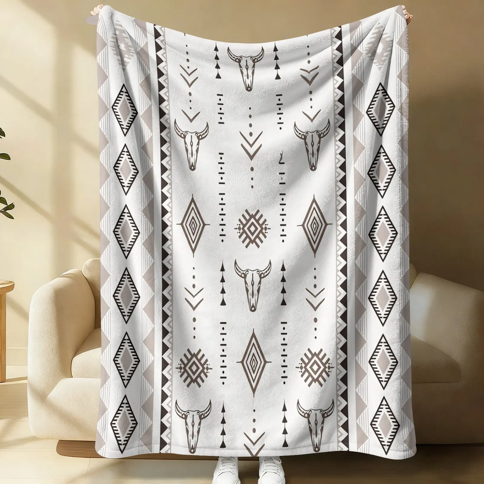 Off White Navajo Print Flannel Blanket, Longhorn Skull, Diamond Totem, Geometric Arrow and Navajo Decorative Border, Car Travel Camping Office Nap Throw, Comfortable Thick Soft texture Home Decor