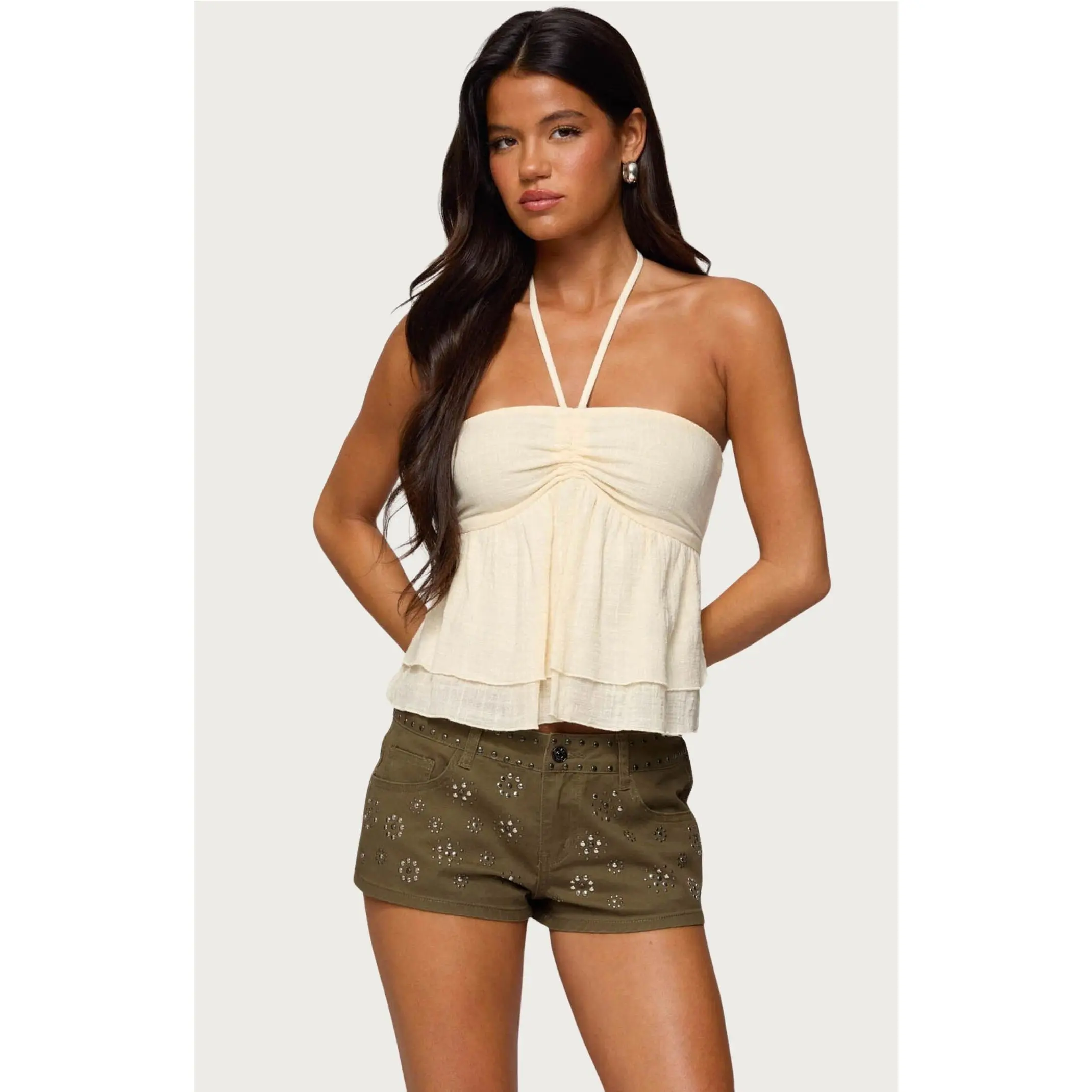 Edikted Women's Layered Linen Look Babydoll Halter Top