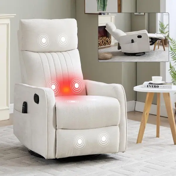 360° Swivel Recliner Chair - Comfy Lounge Chair with Adjustable Reclining, Massage & Heat, High Back Cushioned Heavy Duty Glider, Overstuffed Single Indoor Furniture (Beige, 24.40x34.30x40.20in), Comfy Chair