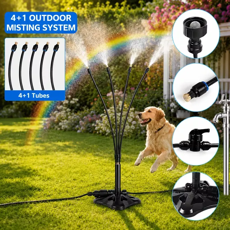 4-Nozzle Adjustable Standing Misters for Outside Patio - Stand Misting System for Cooling Outdoor Areas, Easy to Install & Maintain, Custom Coverage, Durable for Backyard Use.