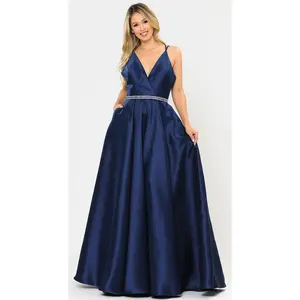POLY USA 8690 A-Line Special Occasion V-Neck Formal Long Mikado Dress